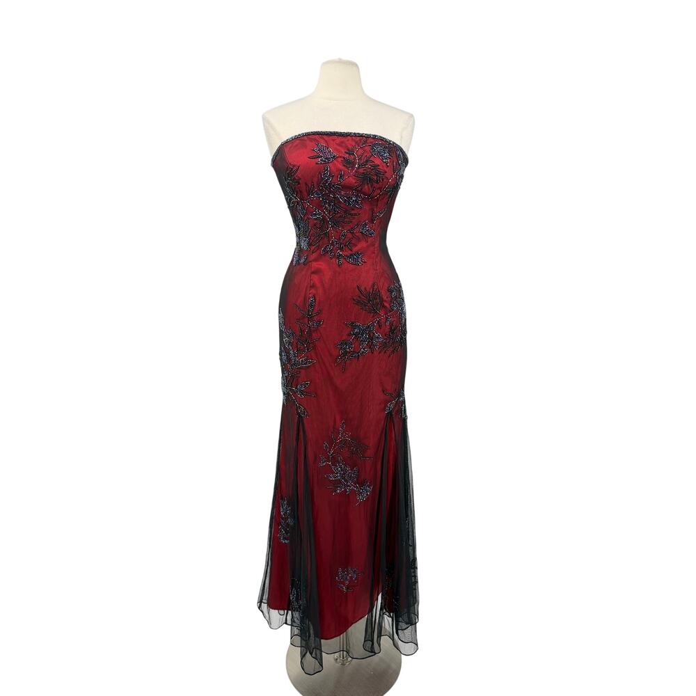 Vintage Cache Strapless Beaded Burgundy Black Evening Gown Mesh Dress Whimsygoth - Picture 2 of 16